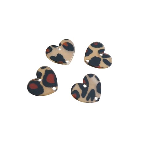 4 connecteurs coeur en acrylique 18x13mm imprimé léopard beige et noir - intercalaires bijoux coeur léopard (phbr10)
