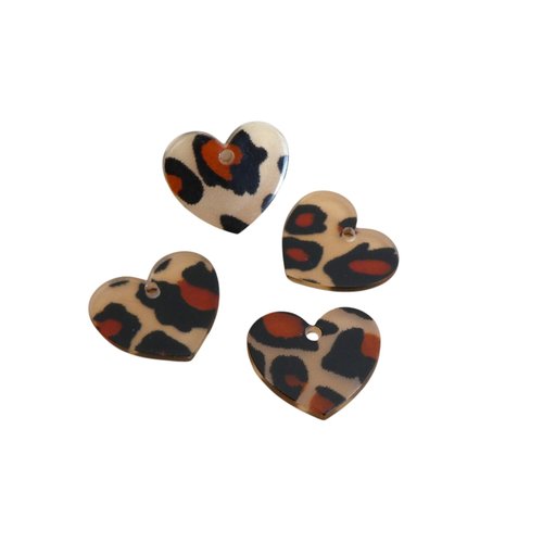 4 breloques coeur en acrylique 20x15mm imprimé léopard beige et noir (phbr11)