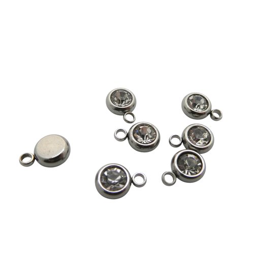 5 breloques, pampilles rondes 6x8mm acier inoxydable et strass en verre cristal (usbai26)