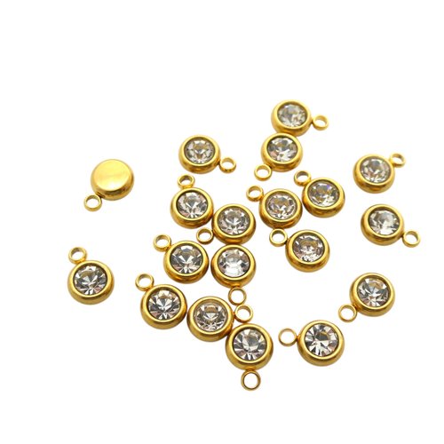 5 breloques, pampilles rondes 6x8mm acier inoxydable doré et strass en verre cristal (usbdai37)