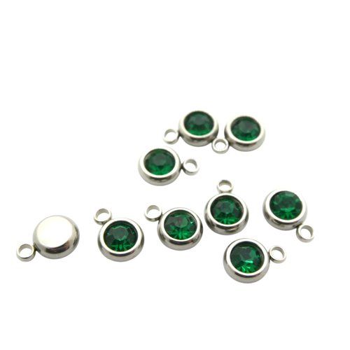 5 breloques, pampilles rondes 6x8mm acier inoxydable et strass en verre vert émeraude (usbai27)