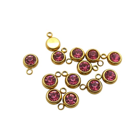 5 breloques, pampilles rondes 6x8mm acier inoxydable doré et strass en verre rose (usbdai39)