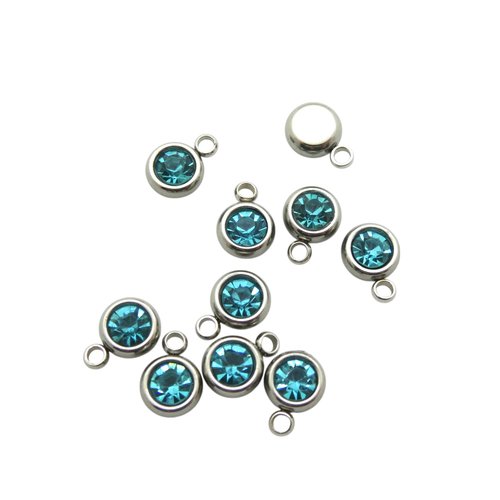 5 breloques, pampilles rondes 6x8mm acier inoxydable et strass en verre bleu (usbai29)