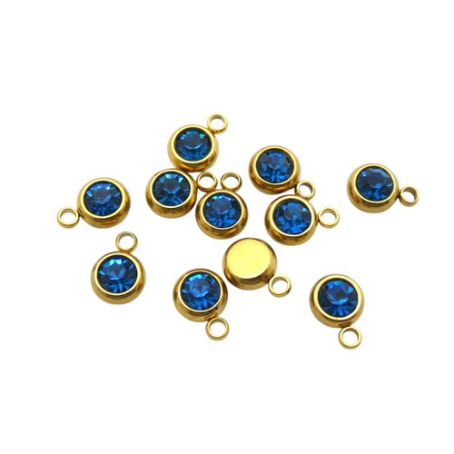 5 breloques, pampilles rondes 6x8mm acier inoxydable doré et strass en verre bleu (usbdai40)