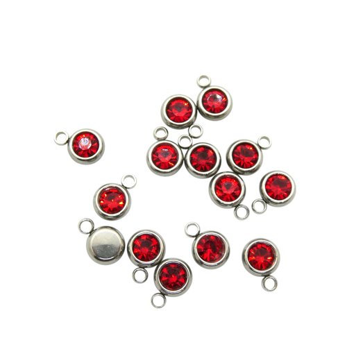 5 breloques, pampilles rondes 6x8mm acier inoxydable et strass en verre rouge (usbai30)