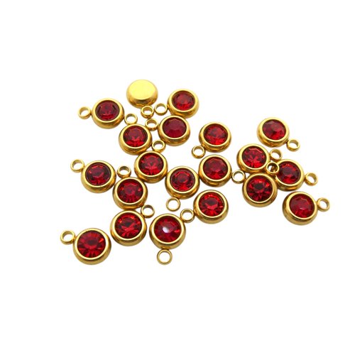 5 breloques, pampilles rondes 6x8mm acier inoxydable doré et strass en verre rouge (usbdai41)