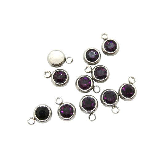 5 breloques, pampilles rondes 6x8mm acier inoxydable et strass en verre prune (usbai31)