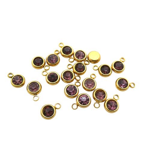 5 breloques, pampilles rondes 6x8mm acier inoxydable doré et strass en verre prune (usbdai42)