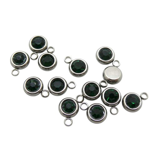 5 breloques, pampilles rondes 6x8mm acier inoxydable et strass en verre vert foncé (usbai32)