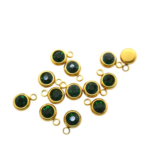 5 breloques, pampilles rondes 6x8mm acier inoxydable doré et strass en verre vert foncé (usbdai43)