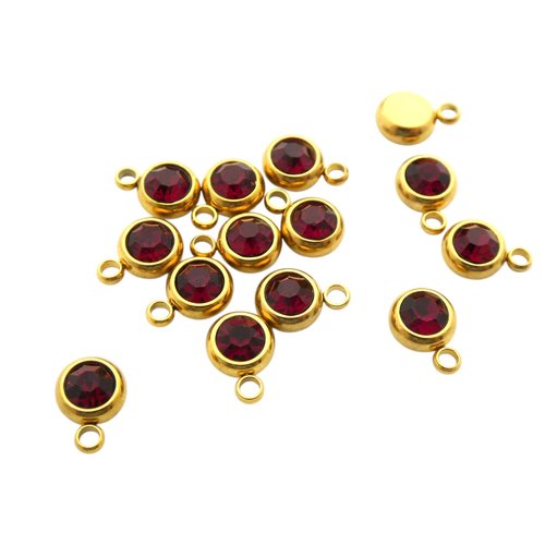 5 breloques, pampilles rondes 6x8mm acier inoxydable doré et strass en verre bordeaux (usbdai45)