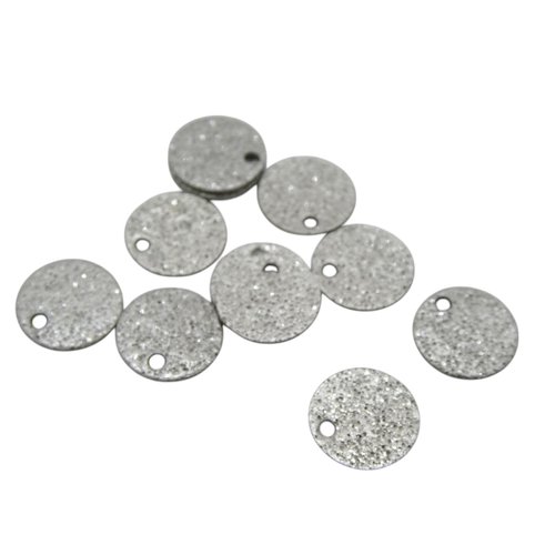 10 breloques, sequins ronds 10mm en acier inox couleur argent pailleté (usbai34)