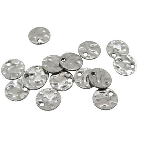 6 breloques, sequins ronds martelés 8mm acier inoxydable couleur argent (usbai36)