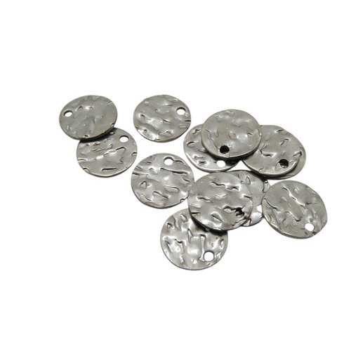 6 breloques, sequins ronds martelés 10mm acier inoxydable couleur argent (usbai37)