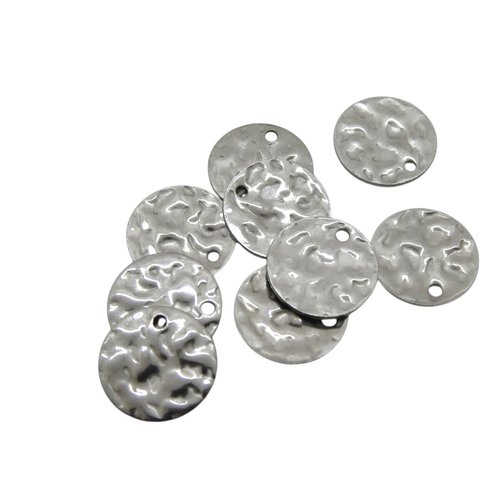 6 breloques, sequins ronds martelés 12mm acier inoxydable couleur argent (usbai38)