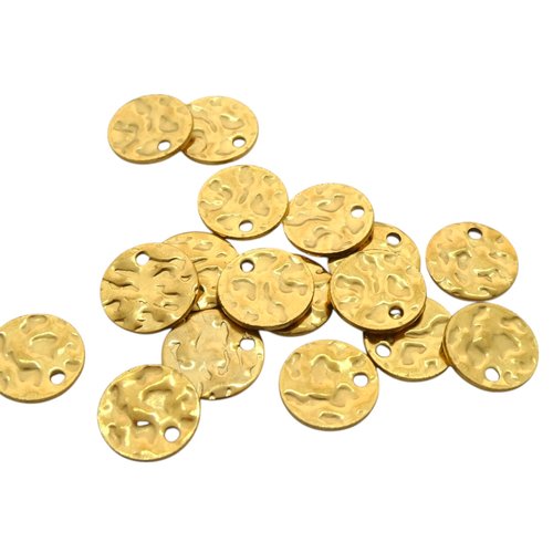 4 breloques, sequins ronds martelés 10 mm acier inoxydable doré (usbdai50)
