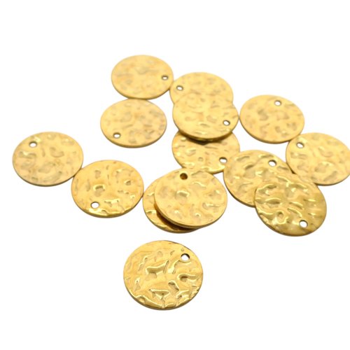 4 breloques, sequins ronds martelés 12 mm acier inoxydable doré (usbdai51)