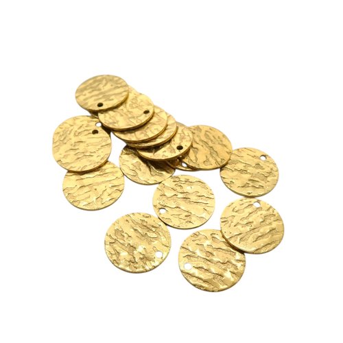 5 breloques, sequins ronds texturés 15 mm acier inoxydable doré (usbdai52)