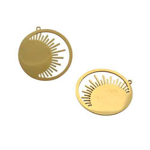 2 pendentifs, estampes ronds soleil et lune 33x 31mm acier inoxydable doré 201 (usesai04)