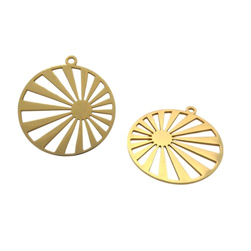 2 pendentifs, estampes ronds 31x28mm rayons de soleil acier inoxydable doré 201 (usesai06)