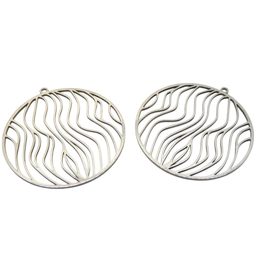 2 estampes filigranées rondes 39x37mm motif vagues acier inoxydable 201 - pendentifs vagues ajourées argenté (usesai07)