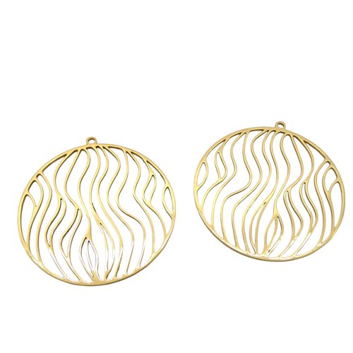 2 estampes filigranées rondes 39x37mm motif vagues acier inoxydable doré 201 - pendentifs vagues ajourées or (usesai08)