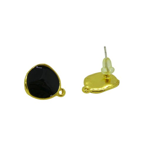 Paire clous d'oreilles forme irrégulière 15x12mm, 1 boucle, doré et émail noir - supports boucles d'oreilles (8sbo122)