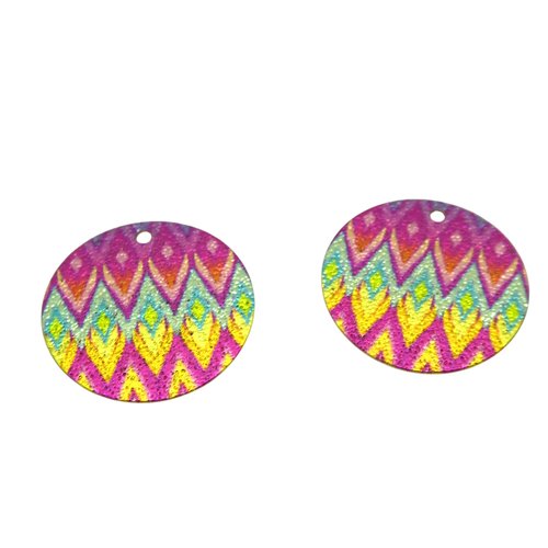 2 breloques rondes pailletées 20mm imprimé chevrons - doré, jaune, rose (8sbdp83)