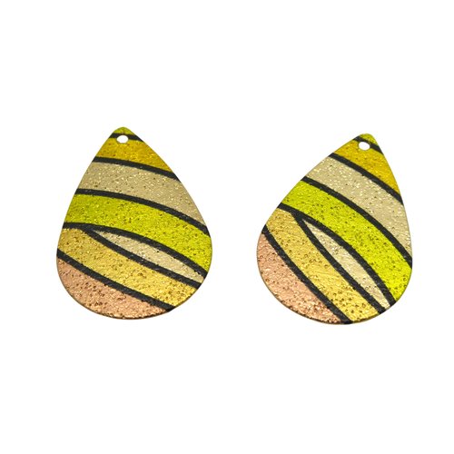 2 breloques goutte pailletées 28x18mm imprimé rayé doré, jaune, noir (8sbdp84)
