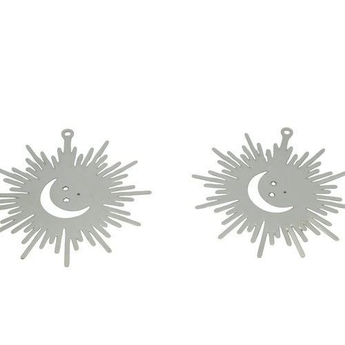 4 pendentifs estampes filigranées soleil avec lune, 37x35mm, argenté (8sef106)