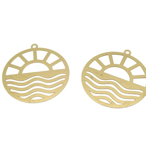 4 pendentifs estampes filigranées rondes soleil et vagues, 29x26mm, doré (8sef111)