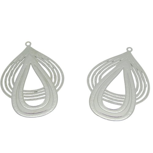 2 pendentifs estampes filigranées goutte d'eau, 43x28mm, argenté (8sef114)
