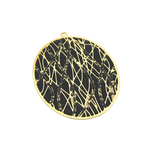 1 pendentif ovale motif branches 39x30mm doré et émaillé noir (8sbd395)