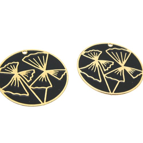 2 pendentifs ronds motif fleurs 34x32mm doré et émail noir (8sbd396)
