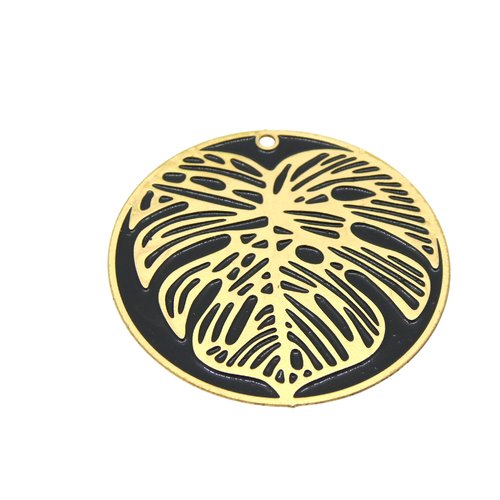 1 pendentif rond motif feuille de monstera 39mm doré et émail noir (8sbd397)