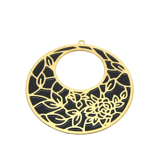 1 pendentif rond ajouré motif fleurs 42x40mm doré et émail noir (8sbd398)