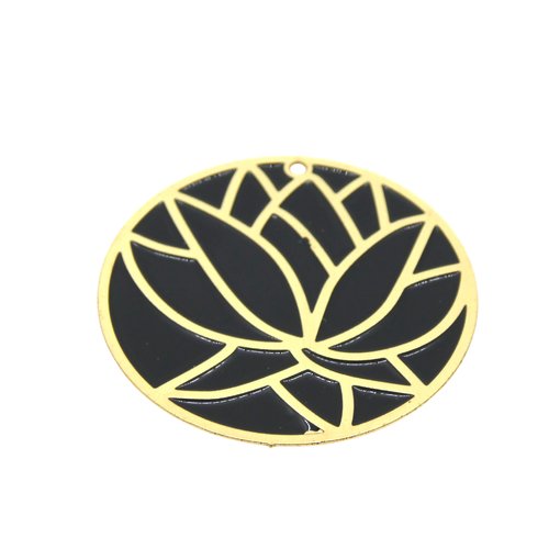 1 pendentif rond motif fleur de lotus 39mm doré et émail noir (8sbd399)