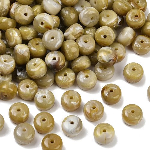 20 perles rondelles 14.5x9mm en acrylique opaque kaki clair marbré (pa05)