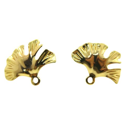 Paire boucles d'oreilles à clous feuille de ginkgo - 17x21mm - laiton plaqué or 18k - tige acier inox (ibbo14)