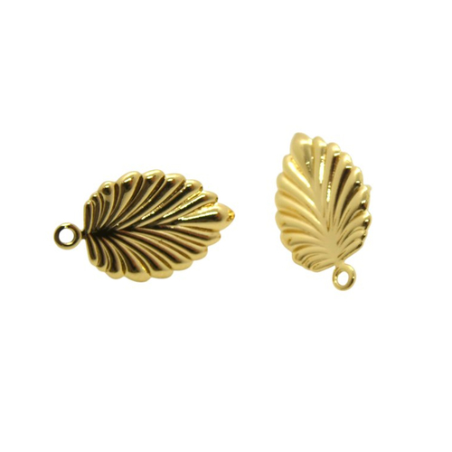 Paire de boucles d'oreilles à clous feuille 20x12mm - laiton plaqué or 18k, tige en acier inox (ibbo18)
