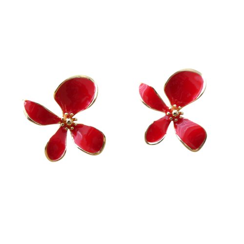 1 paire boucles d'oreilles à clous fleur rouge 20*20mm avec 1 boucle - laiton plaqué or 18k (8sbo136)