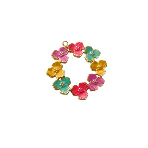 1 pendentif rond couronne de fleurs 25x24mm en acier inox 304 doré et multicolore (8sbi25)