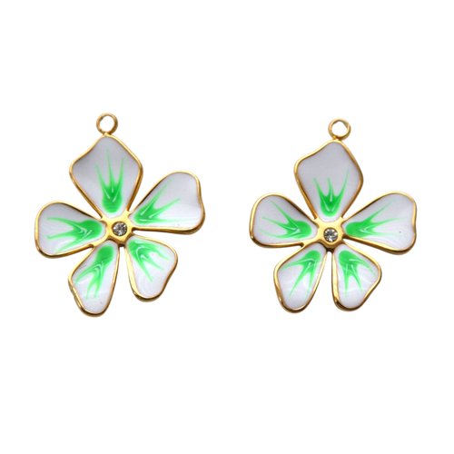 2 pendentifs fleur 21x17mm en acier inox 304 doré et émail blanc & vert (8sbi26)