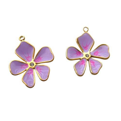 2 pendentifs fleur 21x17mm en acier inox 304 doré et émail violet & rose (8sbi27)
