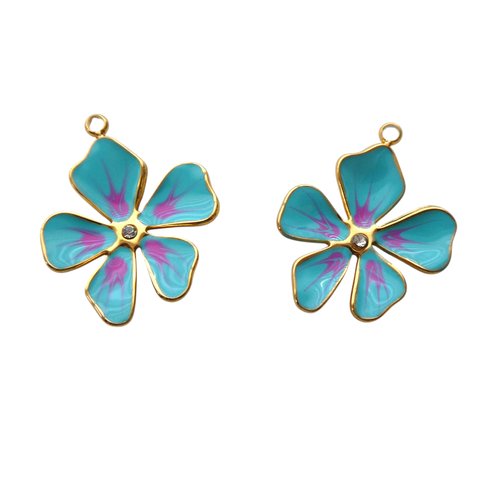 2 pendentifs fleur 21x17mm en acier inox 304 doré et émail bleu turquoise & fuchsia (8sbi28)