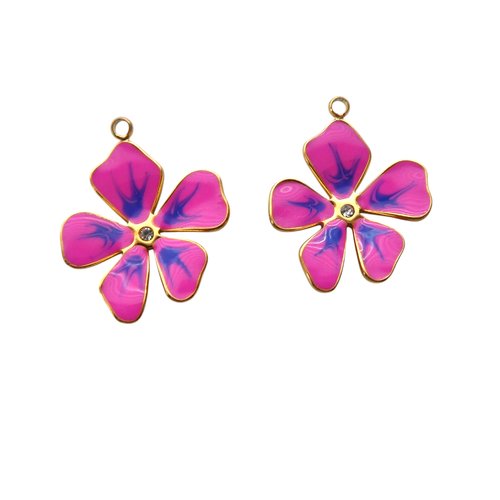 2 pendentifs fleur 21x17mm en acier inox 304 doré et émail fuchsia & bleu (8sbi29)