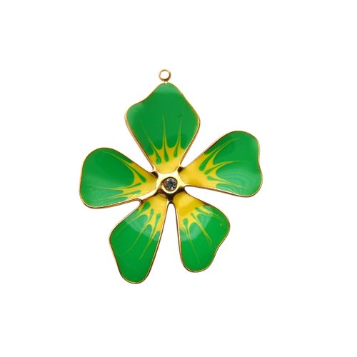 1 pendentif fleur vert et jaune 38x33mm acier inox 304 doré émaillé & strass (8sbi30)