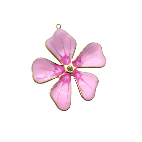 1 pendentif fleur rose et fuchsia 38x33mm acier inox 304 doré émaillé & strass (8sbi31)