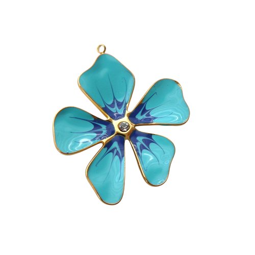 1 pendentif fleur turquoise et bleu 38x33mm acier inox 304 doré émaillé & strass (8sbi32)