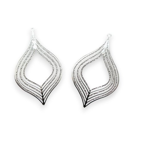 4 estampes filigranées feuille, goutte 39x22mm en laiton argenté - pendentif feuille argent (8sef119)
